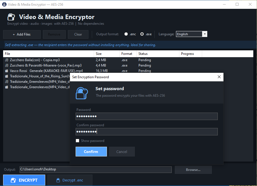 Screenshot di Video & Media Encryptor per Windows con crittografia AES-256
